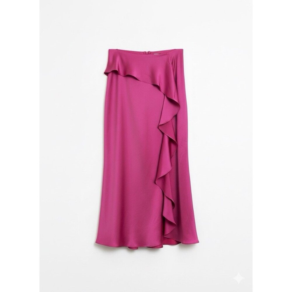 Express‎ Womens Pink Satin Ruffled Midi Skirt Elastic Waist NWT Dainty Sz XS